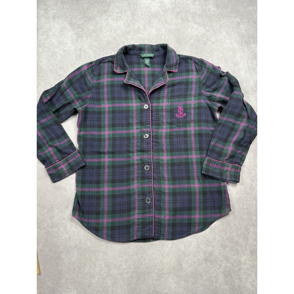 Lauren Ralph Lauren Shirt Womens Large Plaid Pajama‎ Top Embroidered Crest